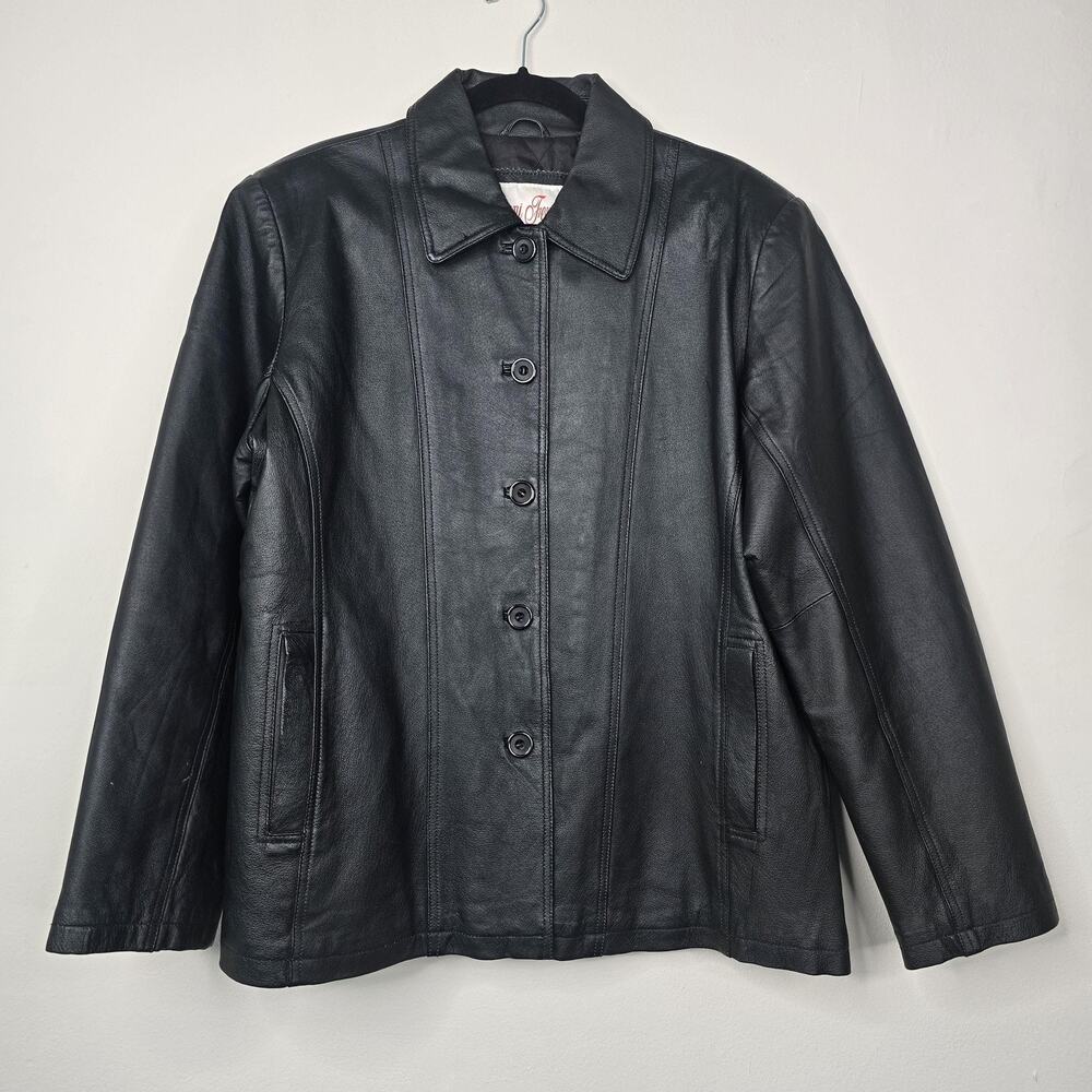 Gianni Ferrara Leather Coat Womens 2XL Black Button Front Lined Pockets Warm - Picture 2 of 9